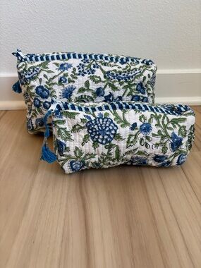 Quilted Blue & Green Floral Cosmetic Pouch - Set of 2